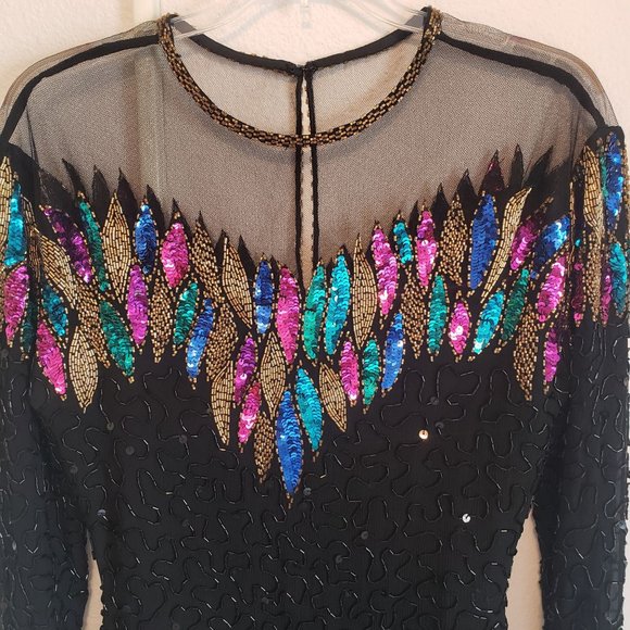 Black Sequined Evening Dress Size 6 Creative Creations Knee Length Colorful - Picture 2 of 7